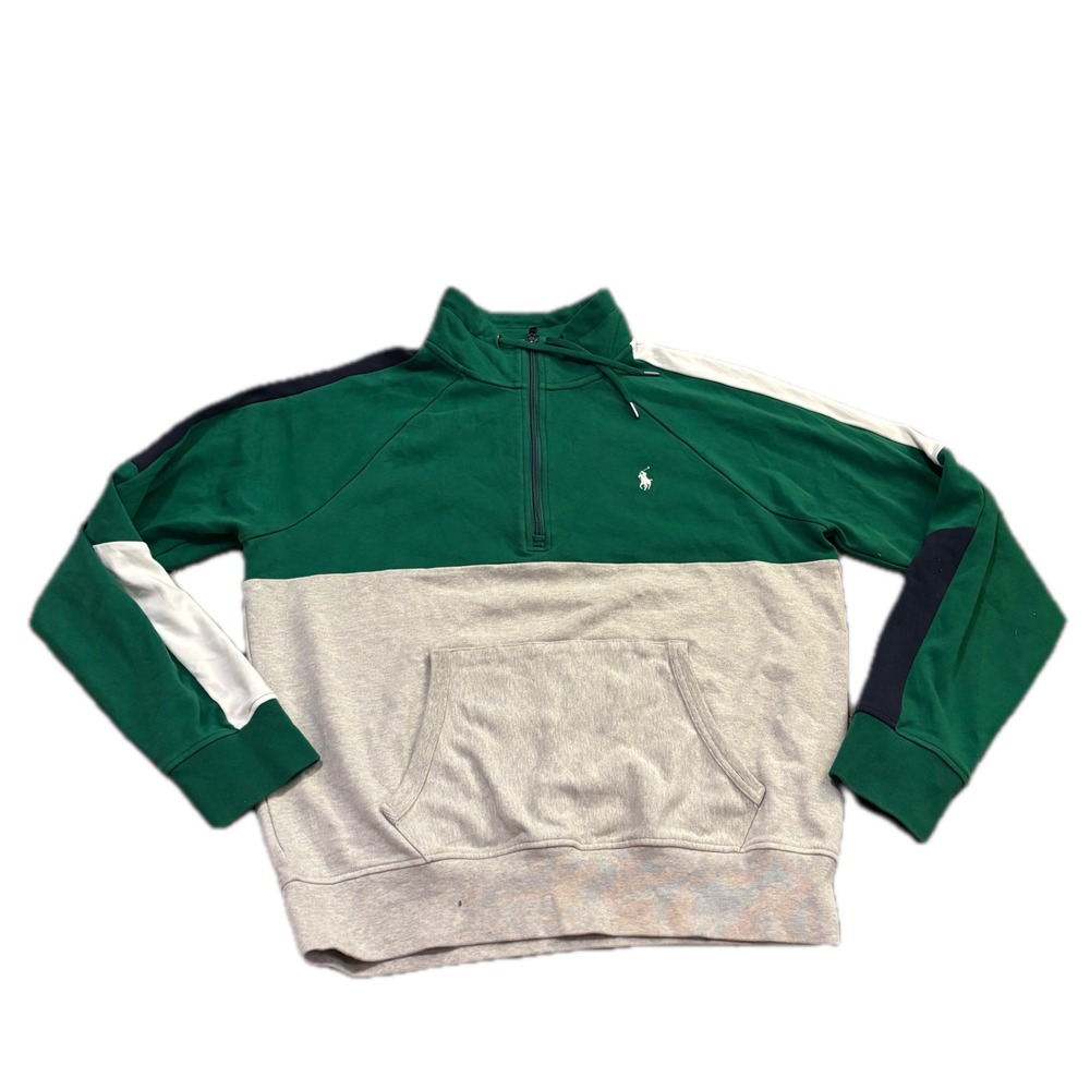 Polo Ralph Lauren Mens Green Grey Colorblock Quarter Zip Sweatshirt Medium